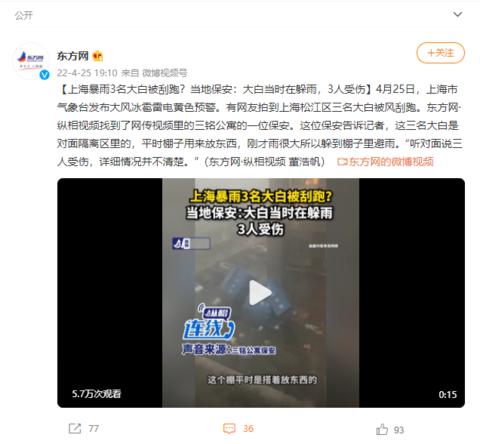 上海暴雨3名大白被刮跑？當(dāng)?shù)乇０玻捍蟀桩?dāng)時(shí)在躲雨，3人受傷